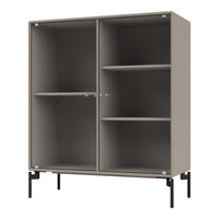 Modern beige cabinet with ribbed pattern and black metal legs, featuring two shelves and a sleek design.