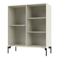 Cream-colored cabinet with ribbed texture and black metal legs, offering a modern and stylish look.