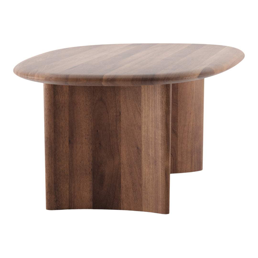 Brown wood coffee table with a smooth, oval top and contrasting vertical grain patterns. Elegant and modern design.