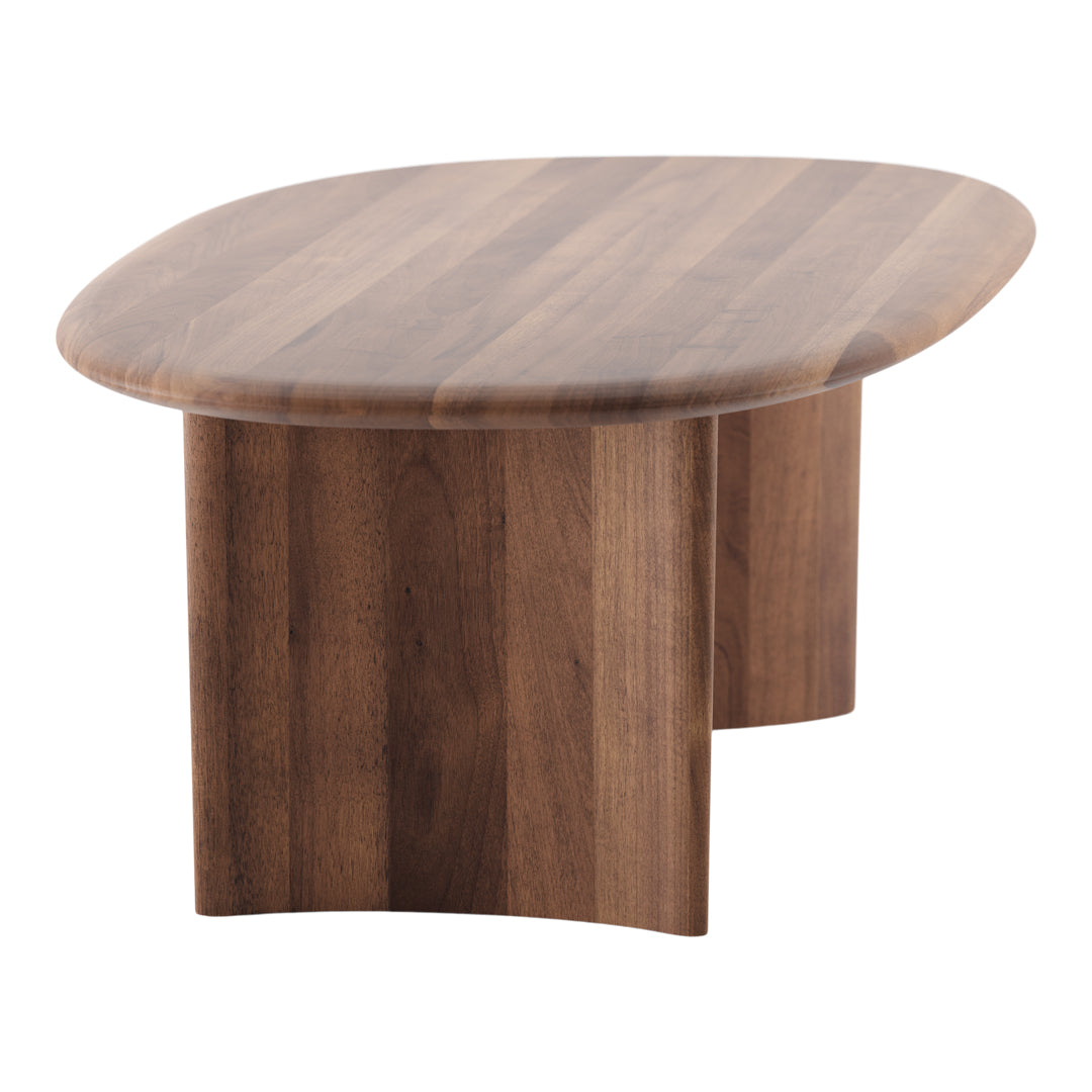Brown wooden coffee table with a smooth, rounded top and vertical grain pattern. Modern and stylish design.