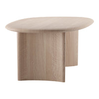 Light oak coffee table with a smooth, oval top and natural wood grain pattern.