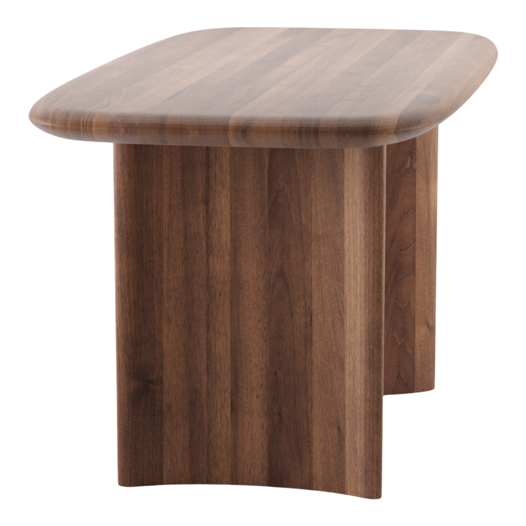 Wooden coffee table with a rich walnut finish and smooth, rounded edges featuring subtle grain patterns.