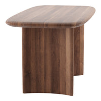 Wooden coffee table with a rich walnut finish and smooth, rounded edges featuring subtle grain patterns.