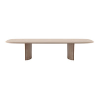 Light beige dining table with a smooth, oval top and rounded edges, complemented by solid wood legs.
