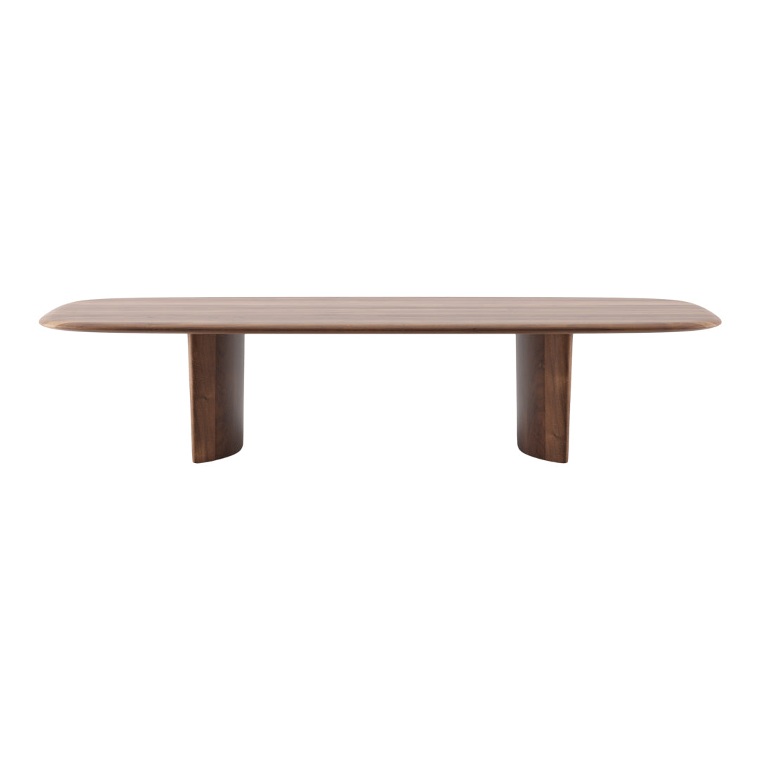 Stylish walnut coffee table with a smooth, natural finish and rounded edges, showcasing a rich brown color and minimalist design.