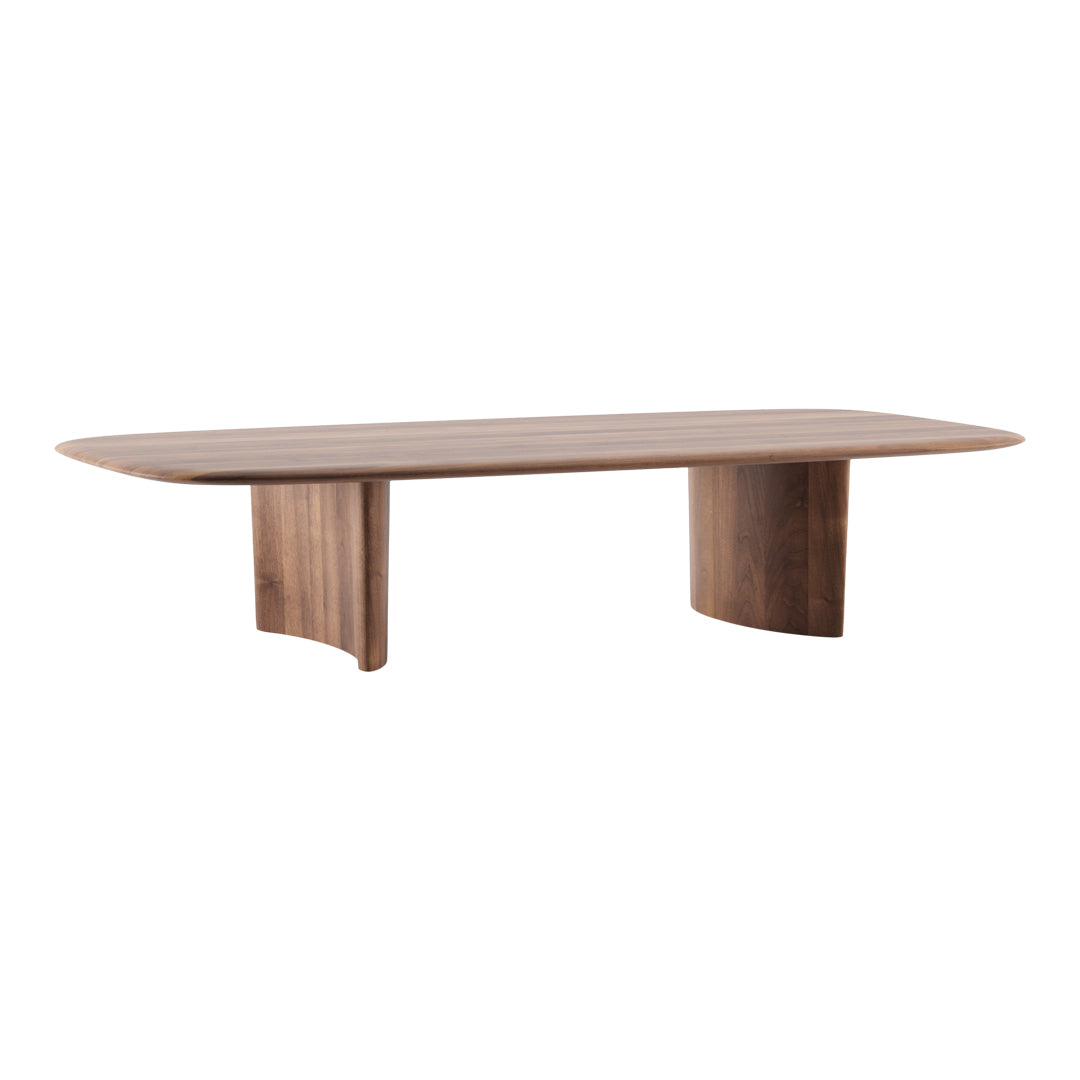 Elegant walnut wood coffee table with a smooth, natural finish and contemporary curved edges.