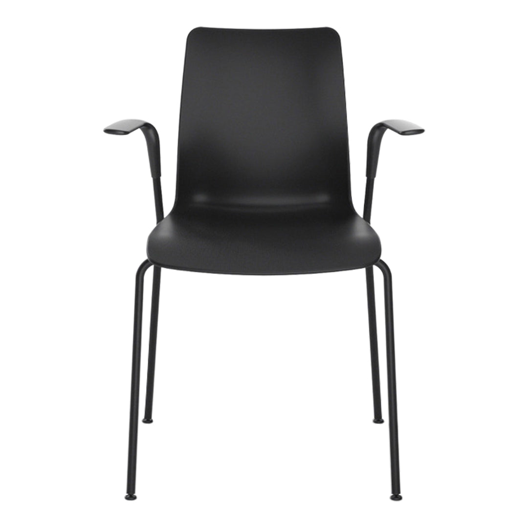 Sleek black chair with smooth surface and minimalist design, featuring matte finish and sturdy metal legs.