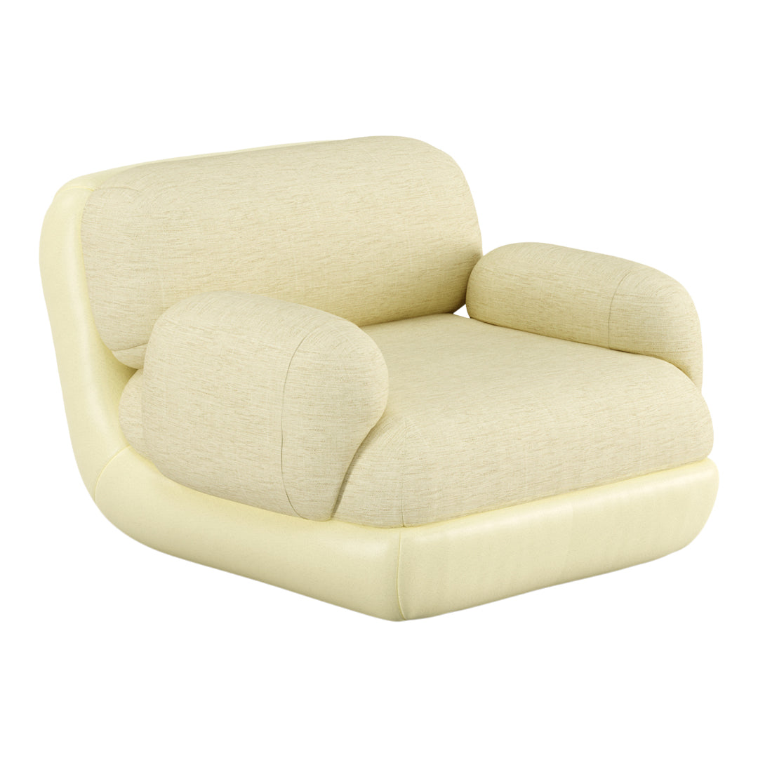Light yellow armchair with a soft, textured fabric and rounded shape, perfect for cozy living spaces.