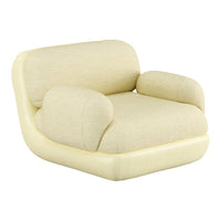 Light yellow armchair with a soft, textured fabric and rounded shape, perfect for cozy living spaces.