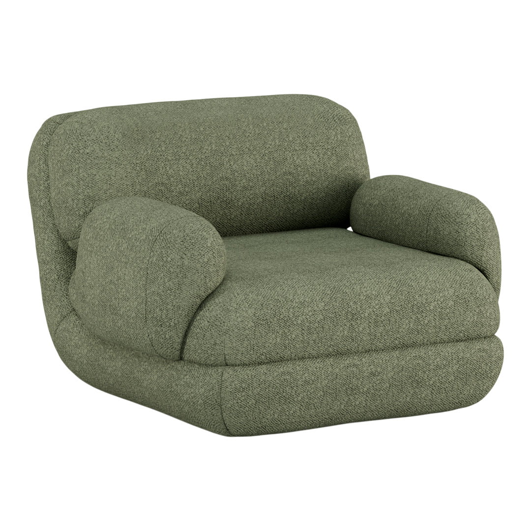 Green textured armchair with soft curves and a minimalist design, perfect for modern interiors.
