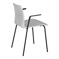 Gray upholstered chair with sleek black metal legs and minimalist design, suitable for modern interiors.