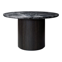 Round table with a sleek black marble top and a textured, dark wood ribbed base. Elegant and modern design.