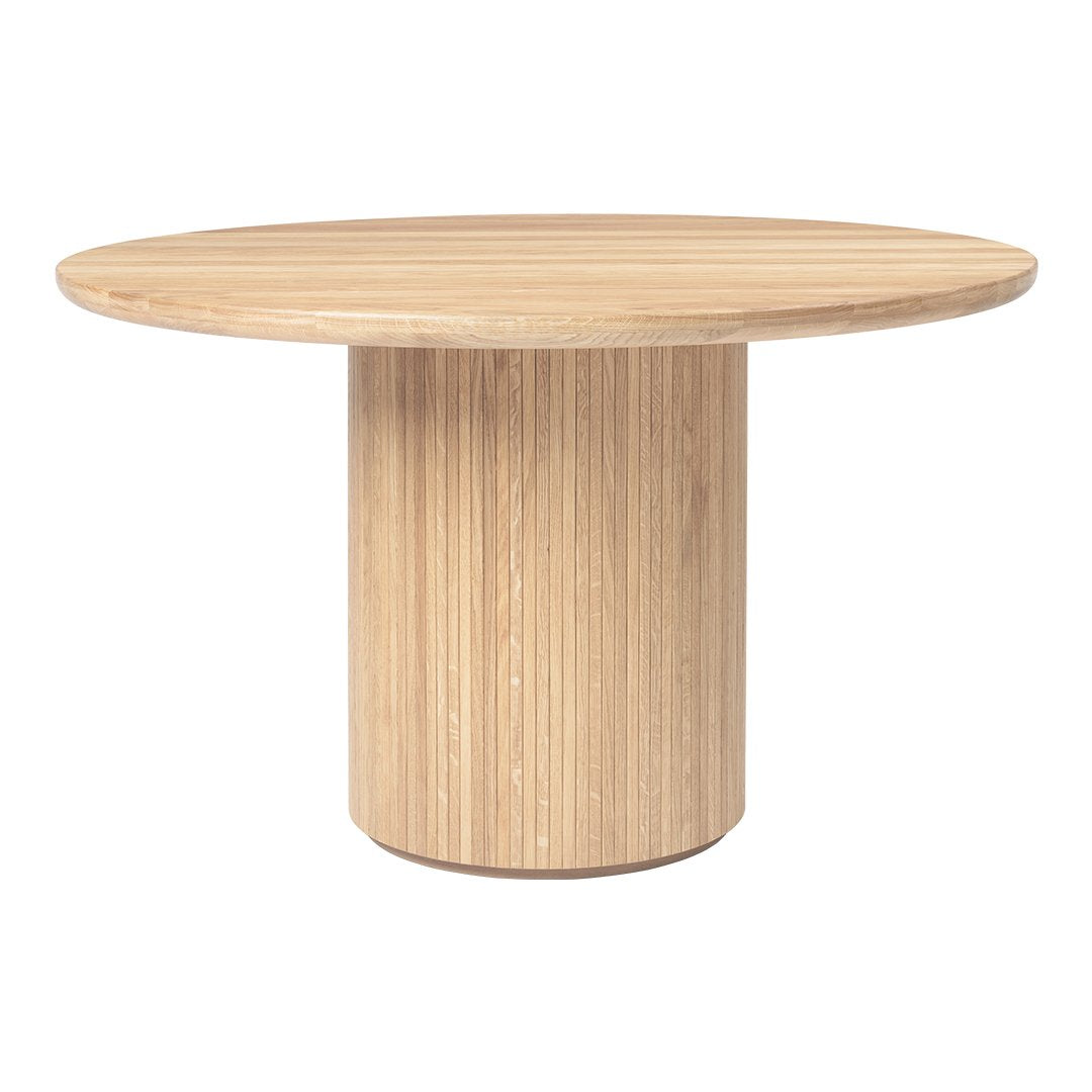 Natural wood round table with a light beige finish and subtle vertical grain pattern. Perfect for modern decor.