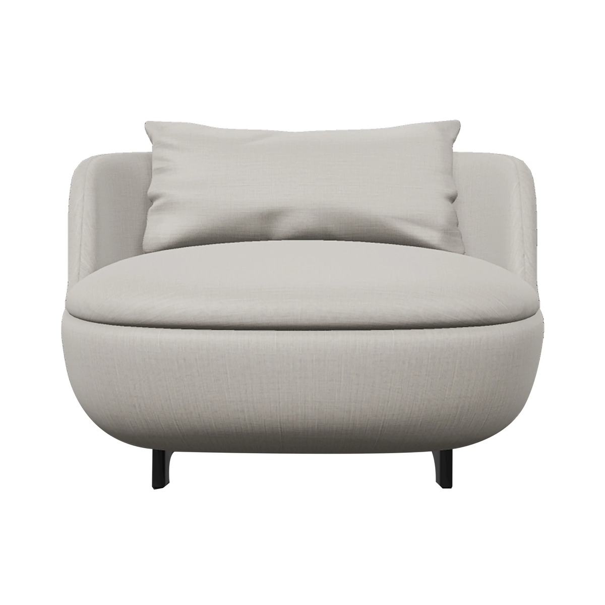 Beige round armchair with soft cushions, featuring a subtle textured pattern and sleek black legs.