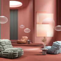 Modern interiors with pastel pink walls, soft green and blue furniture, and minimalistic neutral decor accents.
