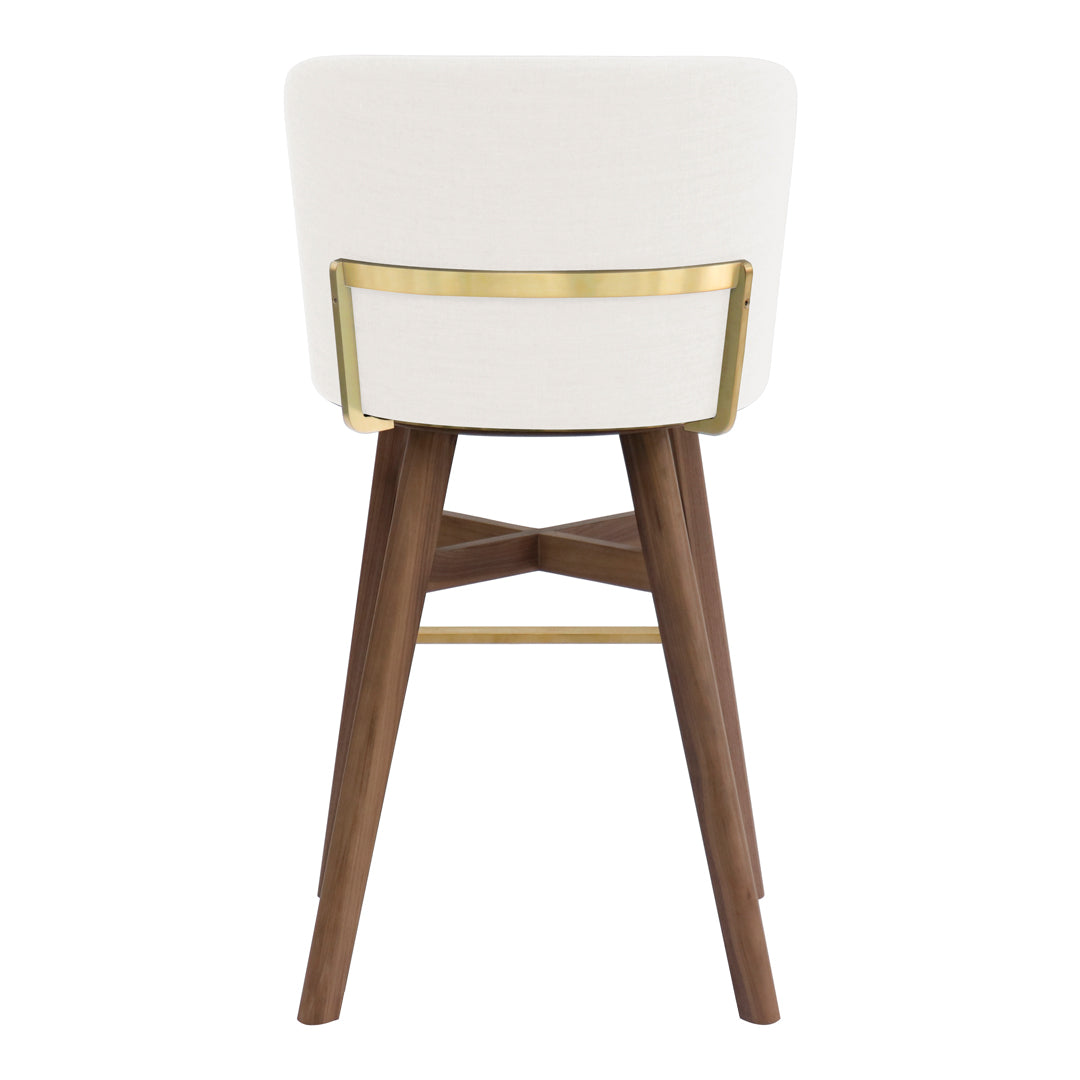 Textured white upholstery with a sleek gold accent, paired with rich walnut wood legs in a modern design.