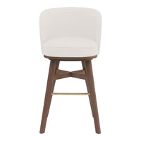 White upholstered bar stool with a wooden base and gold accent, featuring a sleek, modern design.