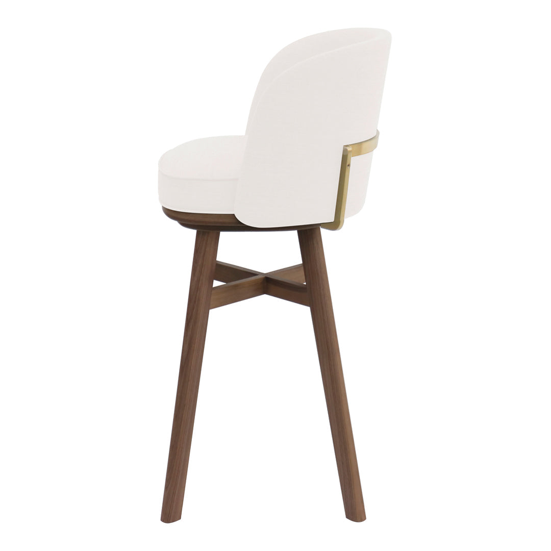 Stylish white upholstered chair with gold accent and brown wooden legs, featuring a modern minimalist design.