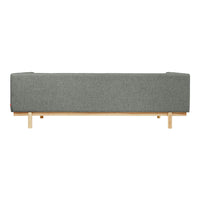 Gray upholstered sofa with a sleek design and natural wooden legs. Perfect for modern decor.