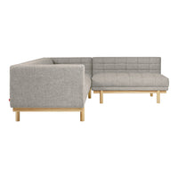 Gray fabric sectional sofa with a grid pattern and light wooden legs, perfect for modern living spaces.