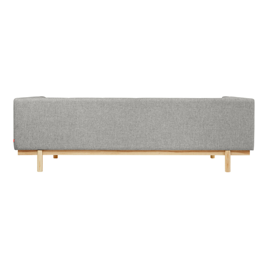 Gray fabric sofa with a minimalist design and natural wood legs, perfect for modern living spaces.