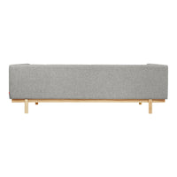 Gray fabric sofa with a minimalist design and natural wood legs, perfect for modern living spaces.