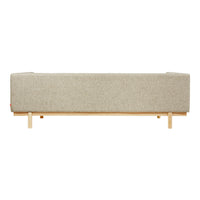 Gray fabric sofa with a simple, modern design and natural wooden legs, featuring a smooth, uniform texture.