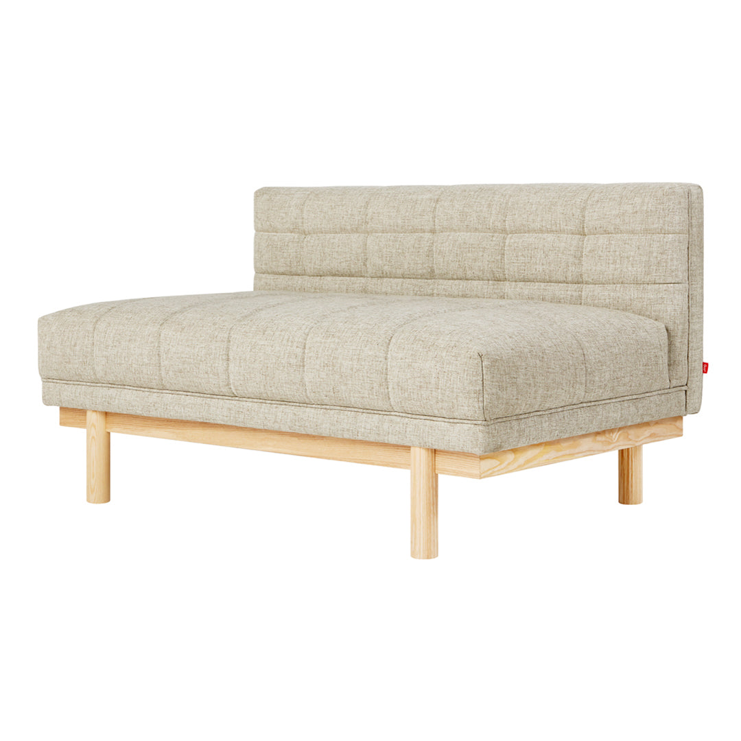 Light gray tufted fabric loveseat with a natural wood frame. Minimalist design, perfect for modern interiors.