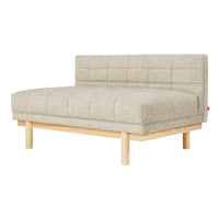 Light gray tufted fabric loveseat with a natural wood frame. Minimalist design, perfect for modern interiors.