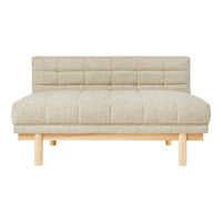Beige upholstered sofa with tufted pattern and light wood legs, perfect for modern or minimalist decor.
