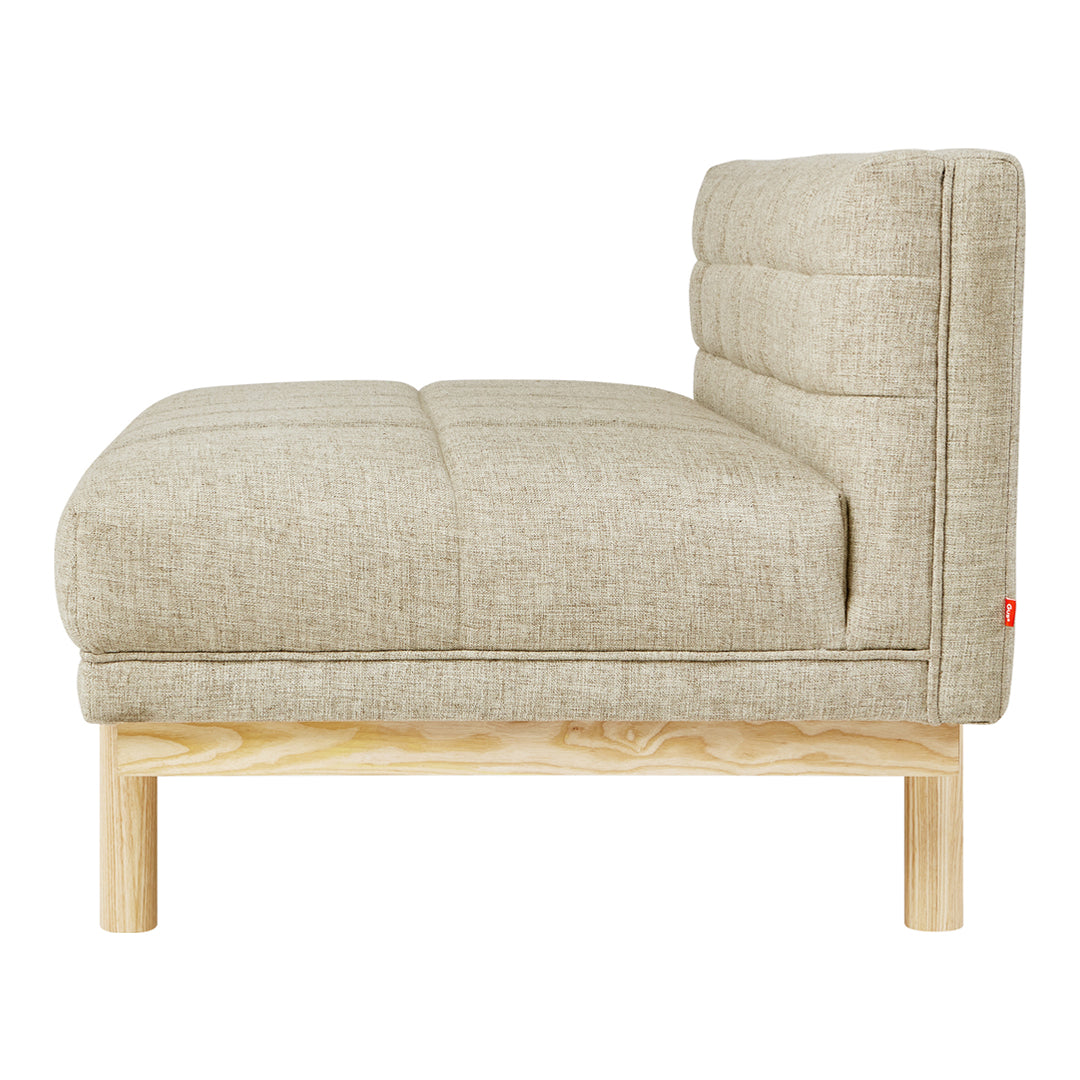 Beige tufted fabric cushion sofa with a natural wooden base and minimalist design. Perfect for modern interiors.