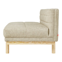 Beige tufted fabric cushion sofa with a natural wooden base and minimalist design. Perfect for modern interiors.
