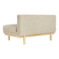 Light beige textured fabric sofa with a clean, minimalist wooden base, showcasing a simple, modern design.