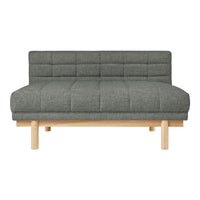 Gray tufted fabric sofa with a minimalist design and light wood legs, perfect for modern interiors.