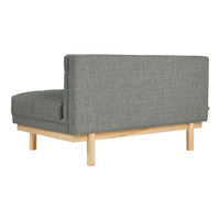 Gray textured fabric couch with a minimalist wooden frame. Modern design with clean lines and simple elegance.