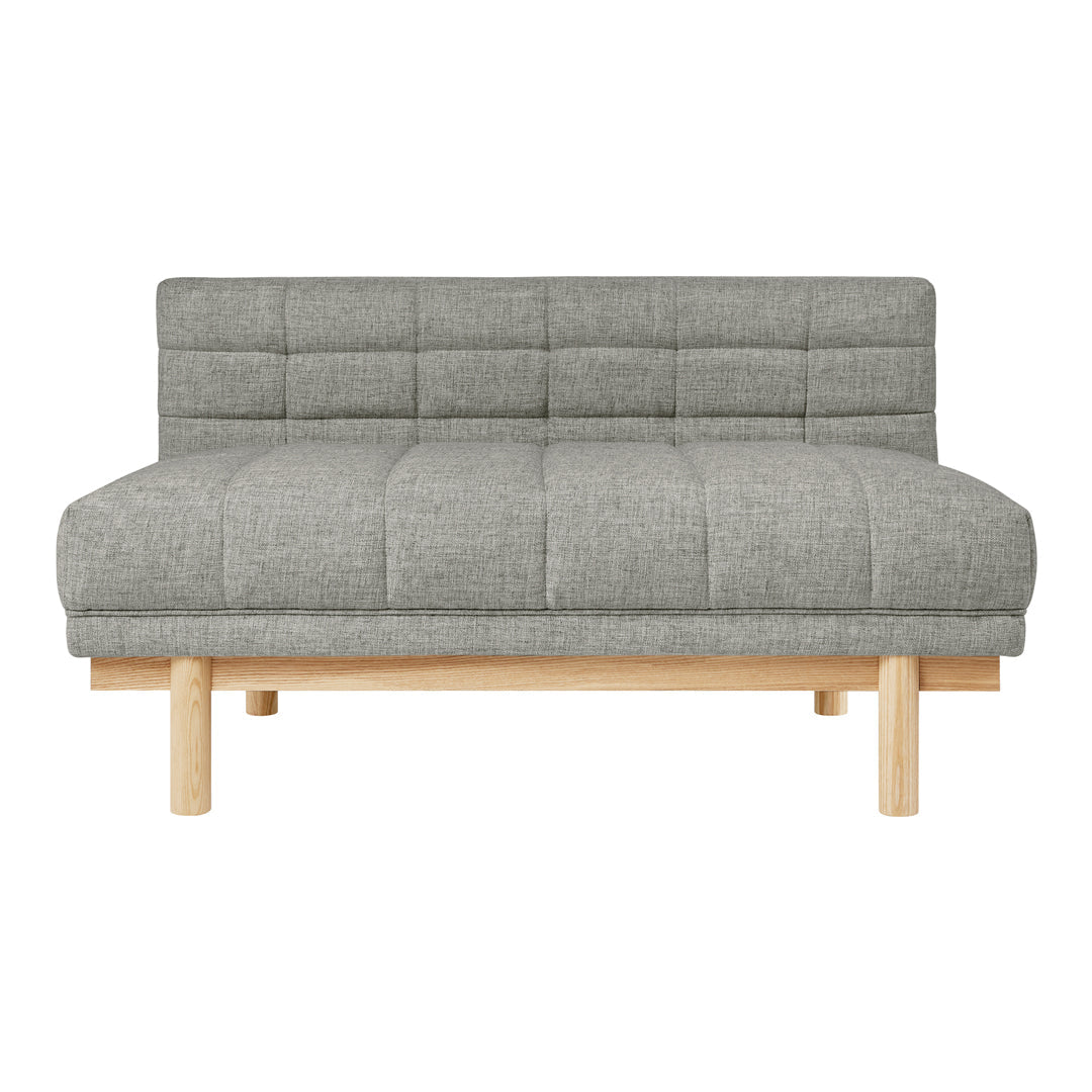 Gray tufted fabric loveseat with a natural wood base, featuring a minimalist, modern design.