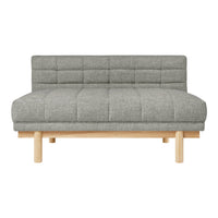 Gray tufted fabric loveseat with a natural wood base, featuring a minimalist, modern design.