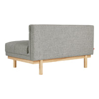 Gray fabric sofa with a minimalist design and light wooden legs. Simple and modern aesthetic.