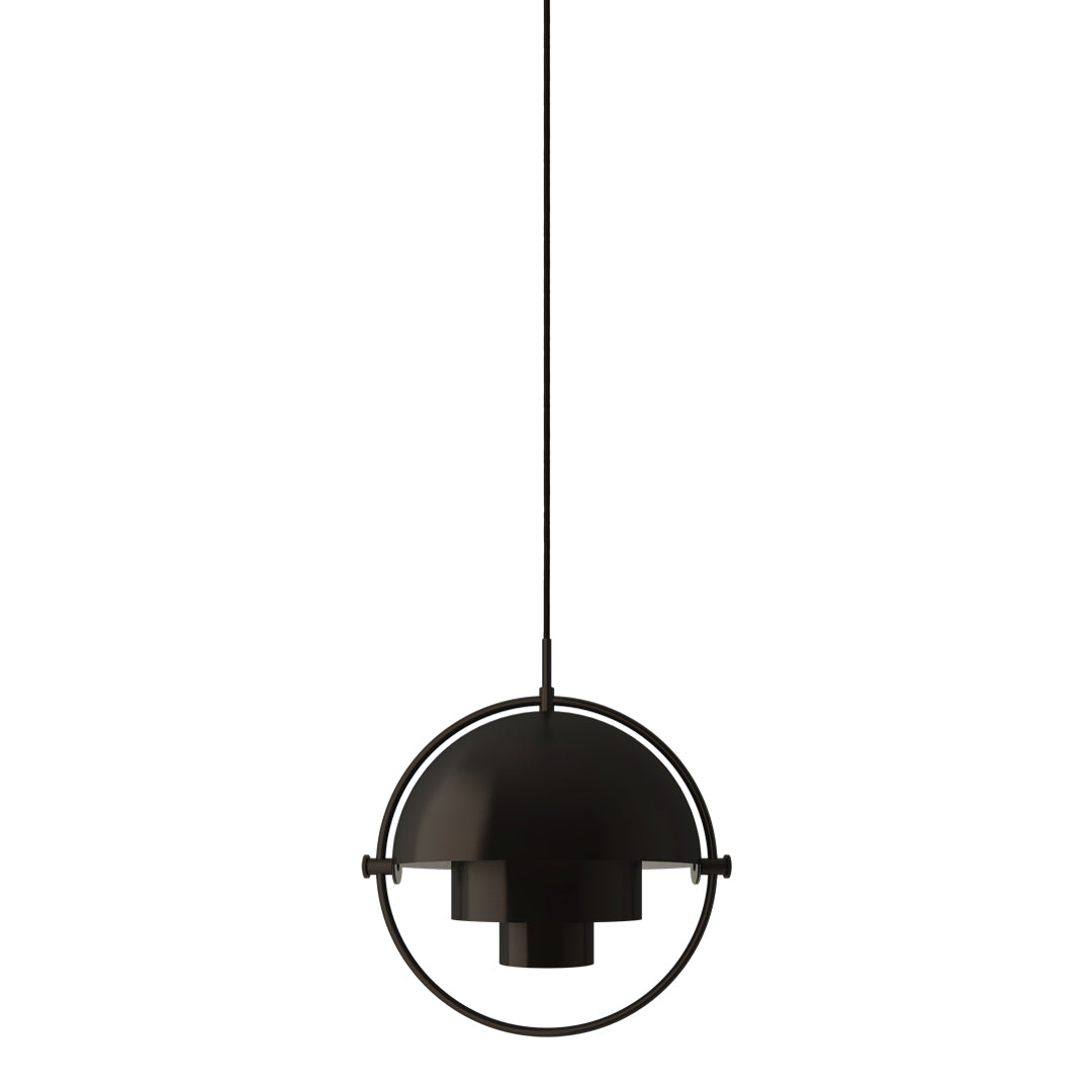 Modern black pendant lamp with geometric shapes and a sleek circular design. Ideal for contemporary decor.
