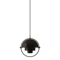 Modern black pendant lamp with geometric shapes and a sleek circular design. Ideal for contemporary decor.
