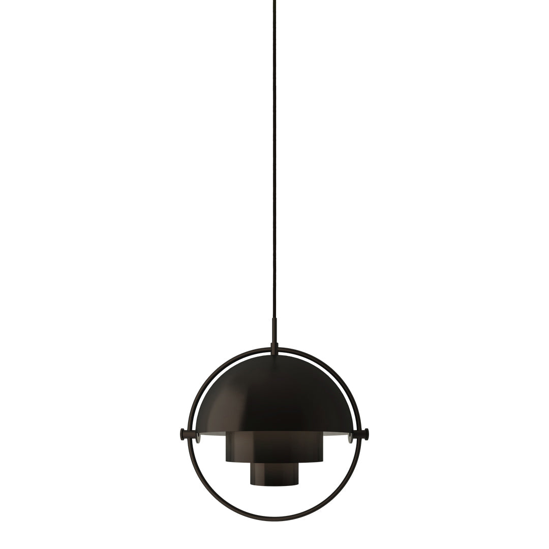 Sleek black pendant lamp with a modern geometric design, featuring circular and layered elements. Perfect for stylish decor.