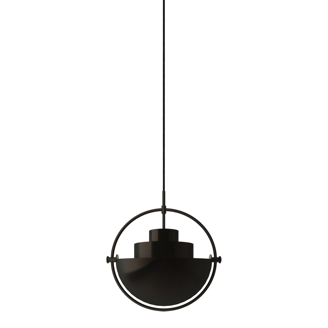 Modern black pendant light with sleek circular patterns, perfect for contemporary interiors.