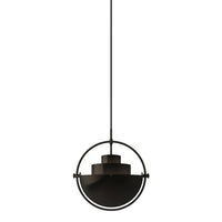 Black pendant lamp with circular metal frame and geometric design. Sleek, modern style for any space.
