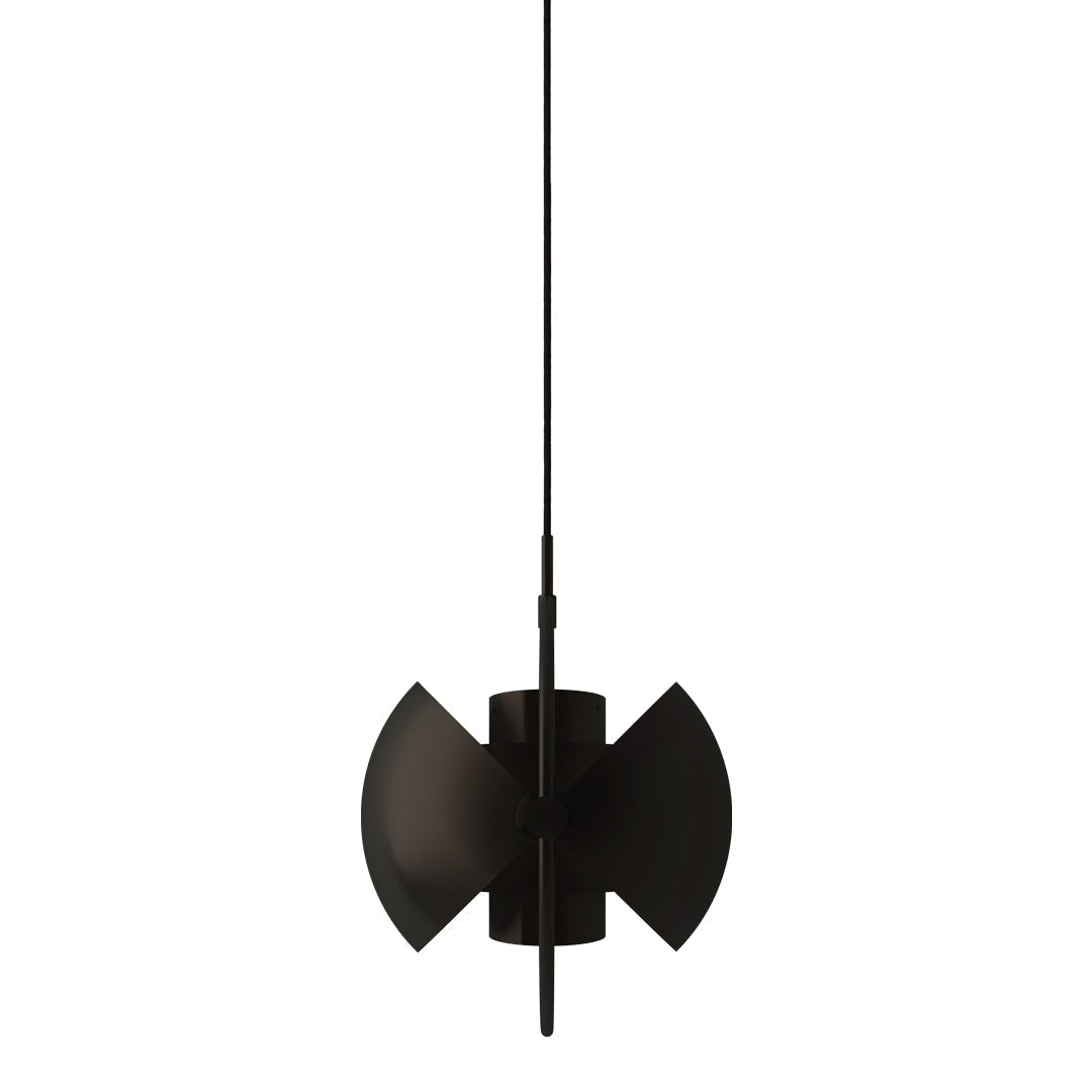 Black pendant light with a sleek, geometric design and smooth finish, featuring bold angular shapes.