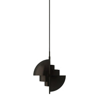 Black pendant lamp with geometric pattern and layered design, adding a modern touch to any space.