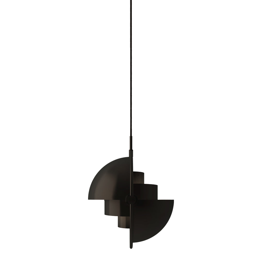 Modern black pendant light with geometric design, featuring layered circular patterns for a sleek aesthetic.