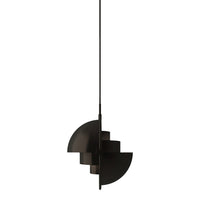 Modern black pendant light with geometric design, featuring layered circular patterns for a sleek aesthetic.