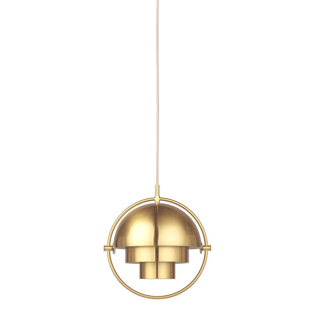Gold pendant light with a sleek, modern design featuring a circular pattern and smooth metallic finish.