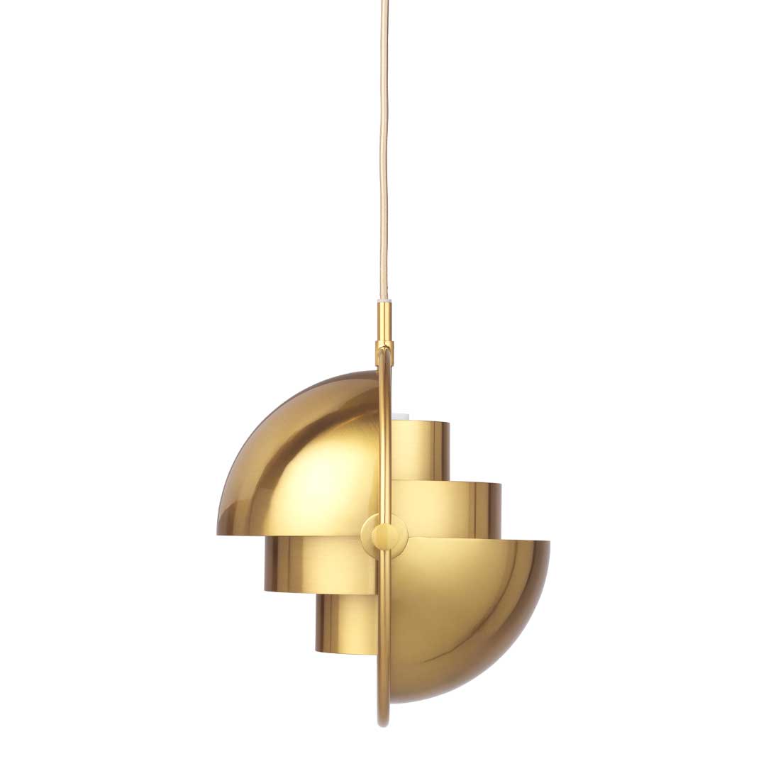 Gold pendant lamp with a modern, geometric design featuring layered circular patterns. Ideal for stylish decor.