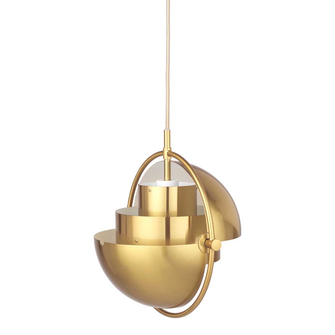 Gold pendant light with a sleek, modern design featuring layered, circular shapes and a smooth finish.